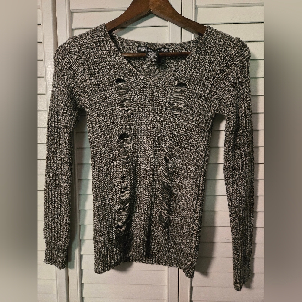 Ashley By 26 International Black and White V-Neck Distressed Sweater